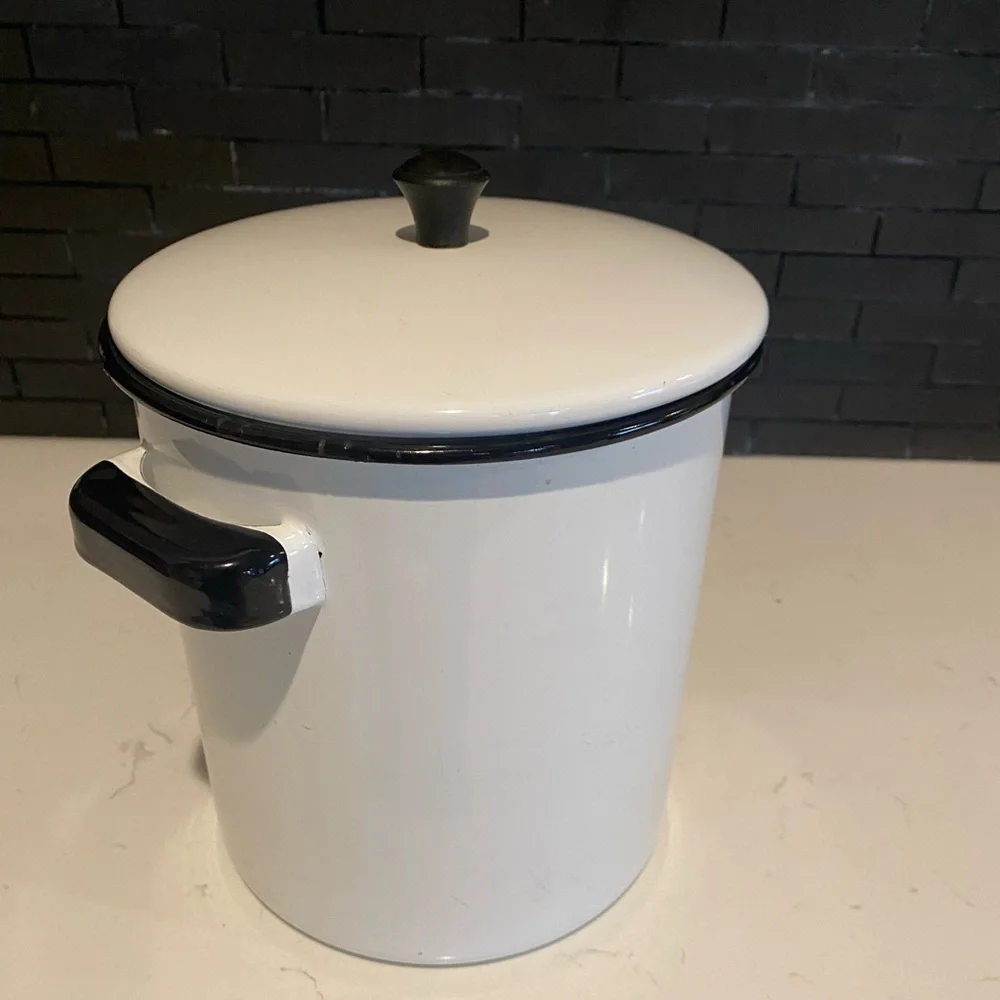 Vintage White Enamelware Pot Black Trim Lid Insert 3 Pc Complete Set Rare   MCM